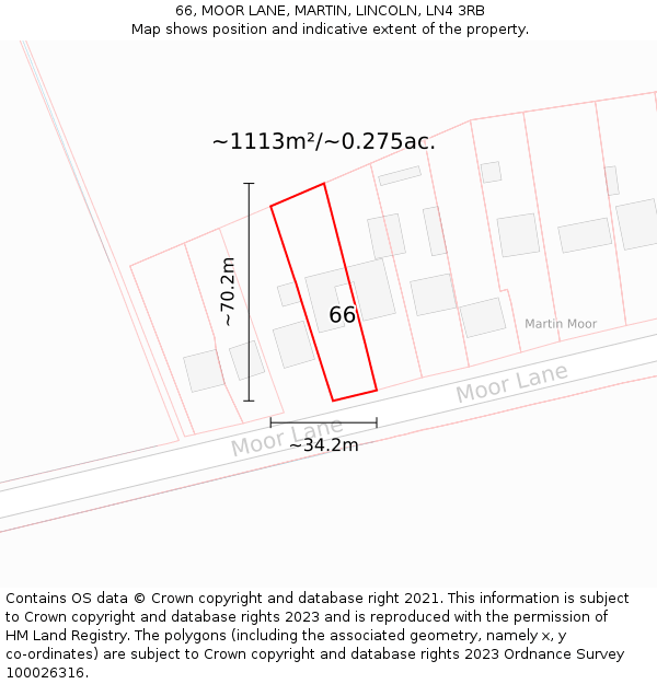 66, MOOR LANE, MARTIN, LINCOLN, LN4 3RB: Plot and title map