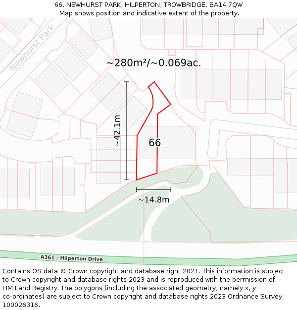 66, NEWHURST PARK, HILPERTON, TROWBRIDGE, BA14 7QW: Plot and title map