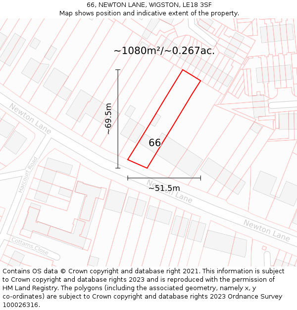 66, NEWTON LANE, WIGSTON, LE18 3SF: Plot and title map