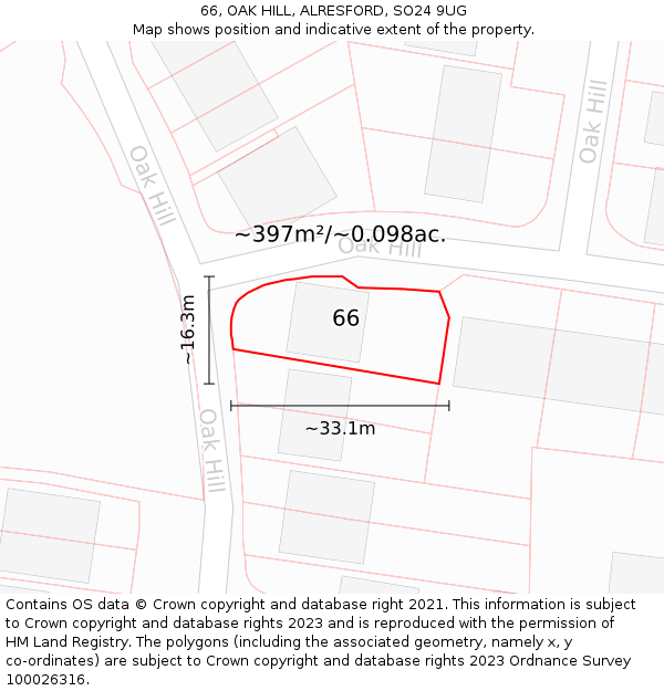 66, OAK HILL, ALRESFORD, SO24 9UG: Plot and title map