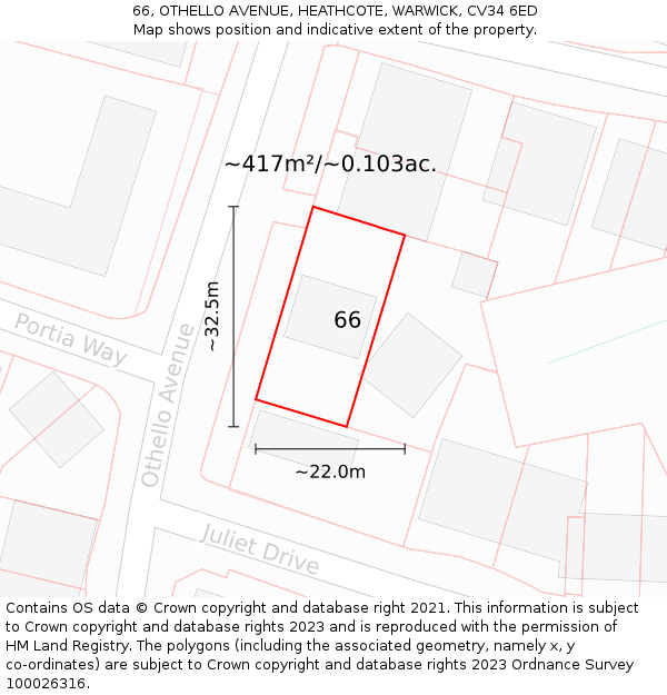 66, OTHELLO AVENUE, HEATHCOTE, WARWICK, CV34 6ED: Plot and title map