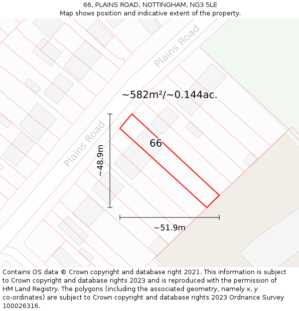 66, PLAINS ROAD, NOTTINGHAM, NG3 5LE: Plot and title map