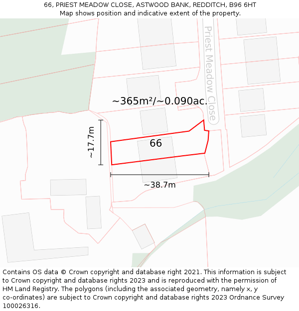 66, PRIEST MEADOW CLOSE, ASTWOOD BANK, REDDITCH, B96 6HT: Plot and title map