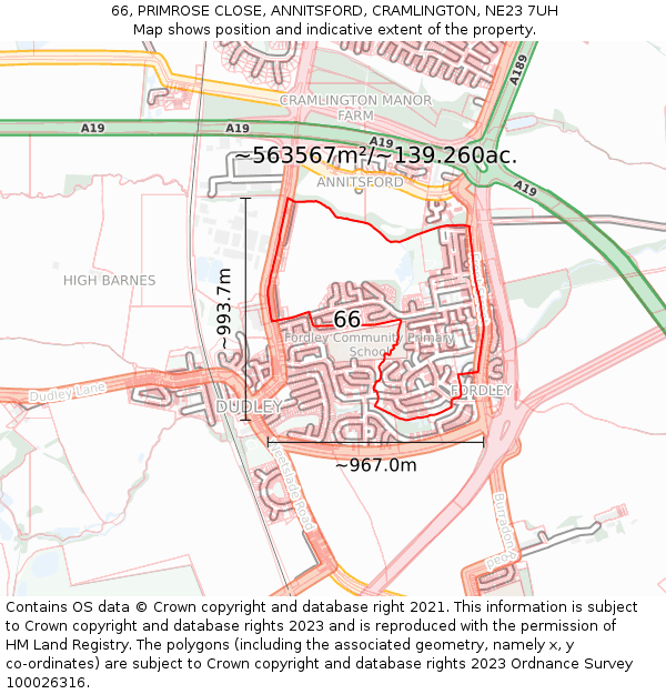 66, PRIMROSE CLOSE, ANNITSFORD, CRAMLINGTON, NE23 7UH: Plot and title map