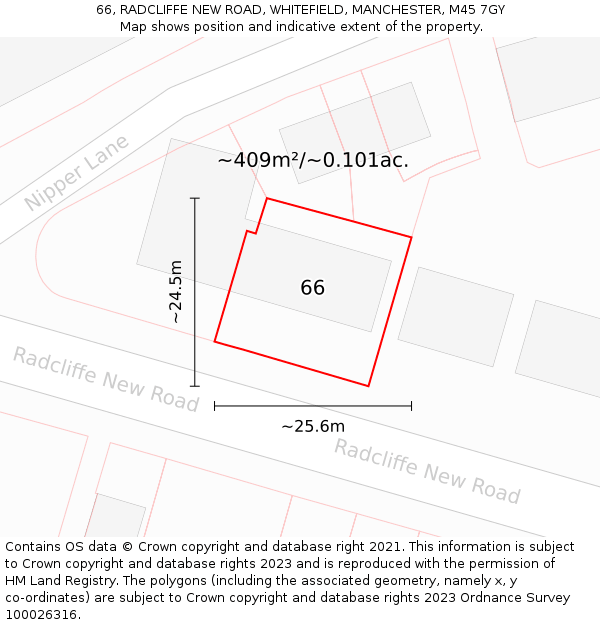 66, RADCLIFFE NEW ROAD, WHITEFIELD, MANCHESTER, M45 7GY: Plot and title map