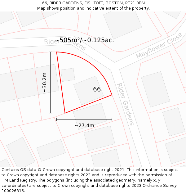 66, RIDER GARDENS, FISHTOFT, BOSTON, PE21 0BN: Plot and title map