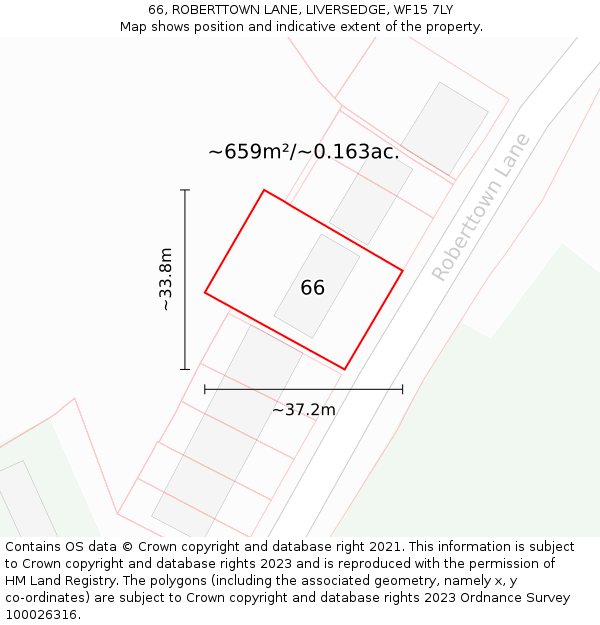 66, ROBERTTOWN LANE, LIVERSEDGE, WF15 7LY: Plot and title map