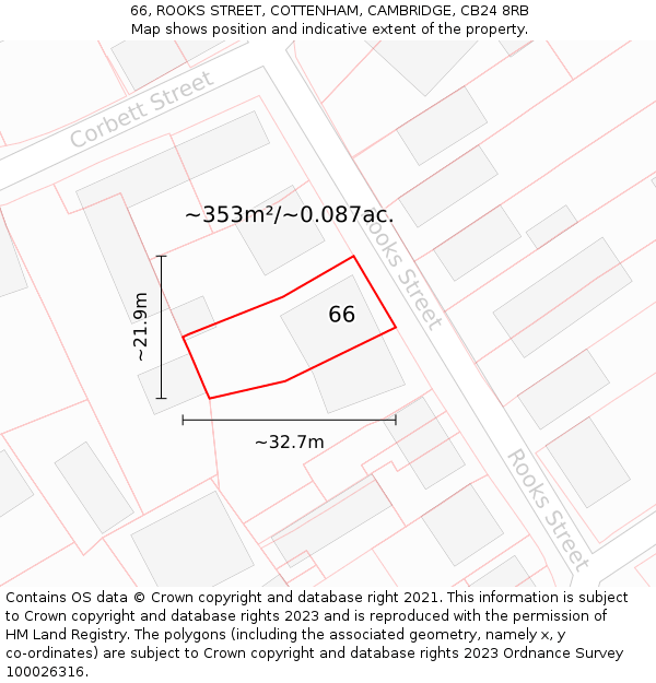 66, ROOKS STREET, COTTENHAM, CAMBRIDGE, CB24 8RB: Plot and title map