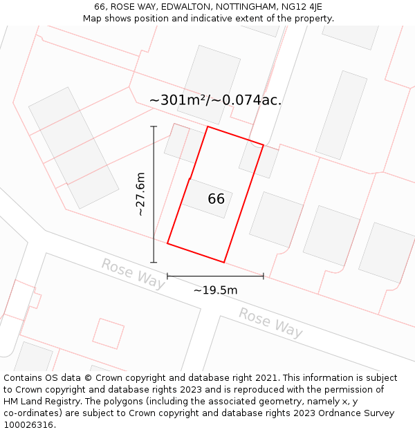 66, ROSE WAY, EDWALTON, NOTTINGHAM, NG12 4JE: Plot and title map