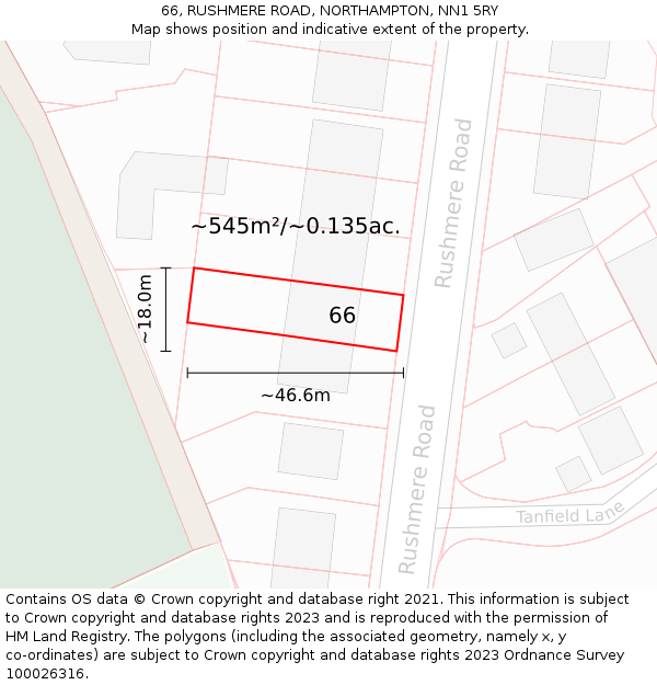 66, RUSHMERE ROAD, NORTHAMPTON, NN1 5RY: Plot and title map