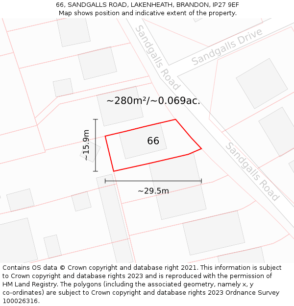 66, SANDGALLS ROAD, LAKENHEATH, BRANDON, IP27 9EF: Plot and title map