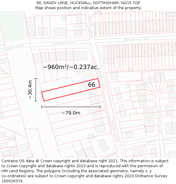 66, SANDY LANE, HUCKNALL, NOTTINGHAM, NG15 7GP: Plot and title map