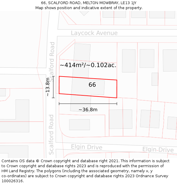 66, SCALFORD ROAD, MELTON MOWBRAY, LE13 1JY: Plot and title map