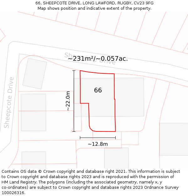 66, SHEEPCOTE DRIVE, LONG LAWFORD, RUGBY, CV23 9FG: Plot and title map