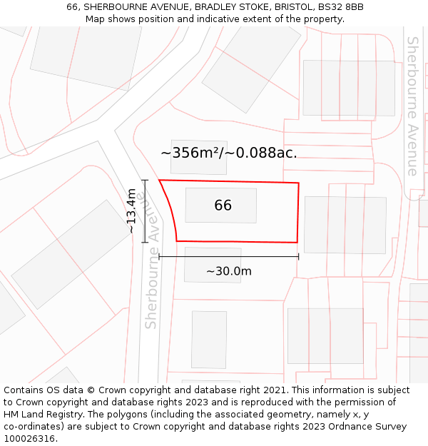 66, SHERBOURNE AVENUE, BRADLEY STOKE, BRISTOL, BS32 8BB: Plot and title map