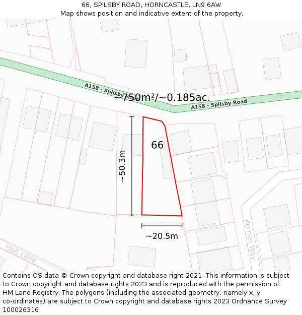 66, SPILSBY ROAD, HORNCASTLE, LN9 6AW: Plot and title map