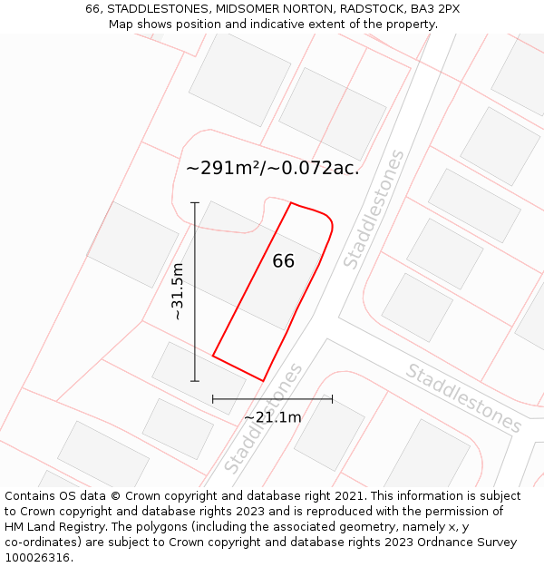 66, STADDLESTONES, MIDSOMER NORTON, RADSTOCK, BA3 2PX: Plot and title map