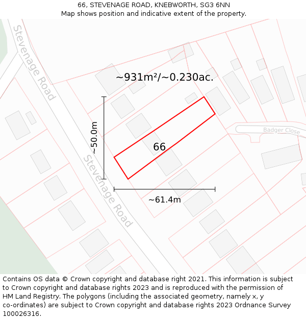 66, STEVENAGE ROAD, KNEBWORTH, SG3 6NN: Plot and title map