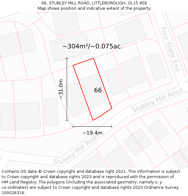 66, STUBLEY MILL ROAD, LITTLEBOROUGH, OL15 8SE: Plot and title map