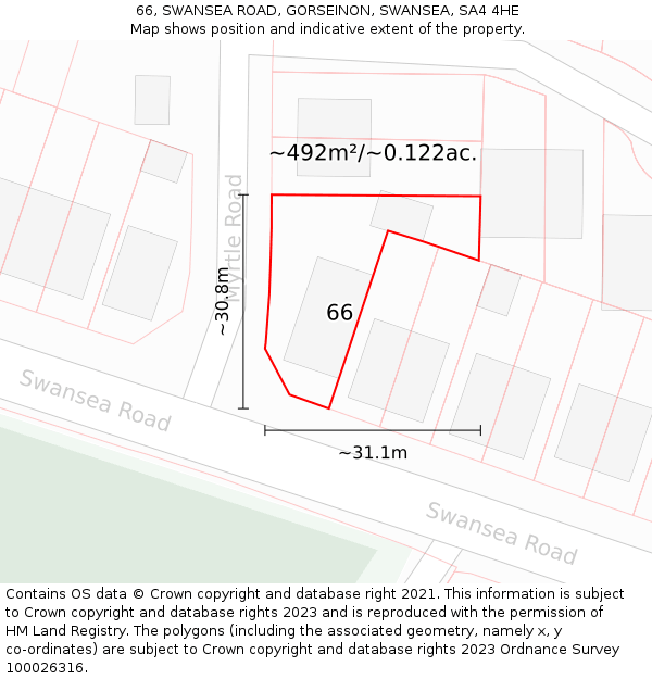 66, SWANSEA ROAD, GORSEINON, SWANSEA, SA4 4HE: Plot and title map