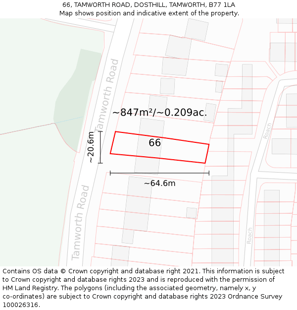 66, TAMWORTH ROAD, DOSTHILL, TAMWORTH, B77 1LA: Plot and title map