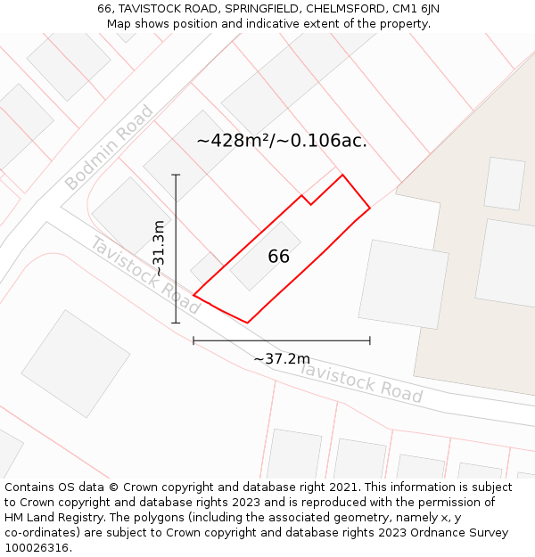 66, TAVISTOCK ROAD, SPRINGFIELD, CHELMSFORD, CM1 6JN: Plot and title map