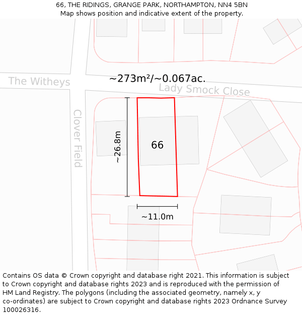 66, THE RIDINGS, GRANGE PARK, NORTHAMPTON, NN4 5BN: Plot and title map