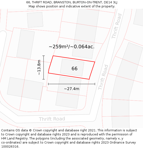 66, THRIFT ROAD, BRANSTON, BURTON-ON-TRENT, DE14 3LJ: Plot and title map