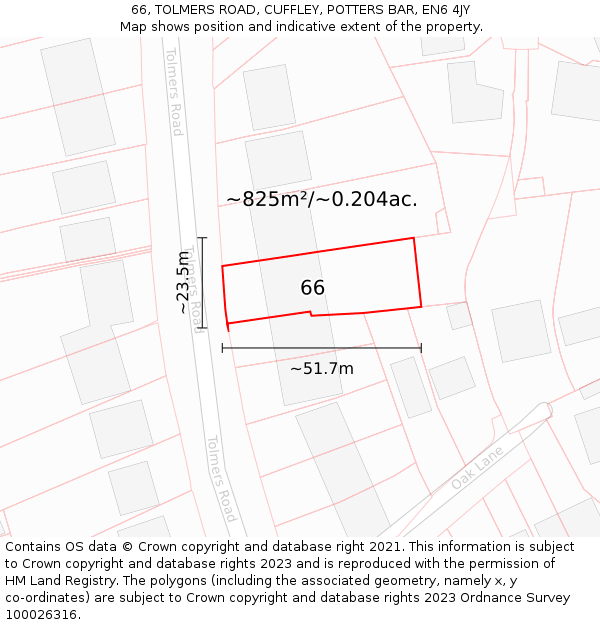 66, TOLMERS ROAD, CUFFLEY, POTTERS BAR, EN6 4JY: Plot and title map