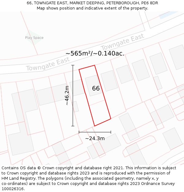 66, TOWNGATE EAST, MARKET DEEPING, PETERBOROUGH, PE6 8DR: Plot and title map