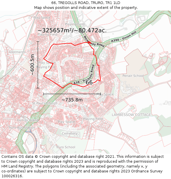 66, TREGOLLS ROAD, TRURO, TR1 1LD: Plot and title map