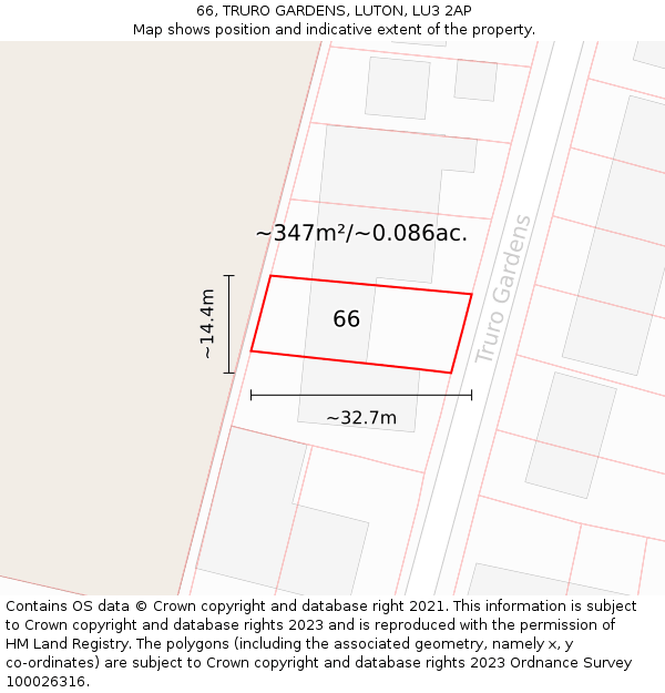 66, TRURO GARDENS, LUTON, LU3 2AP: Plot and title map