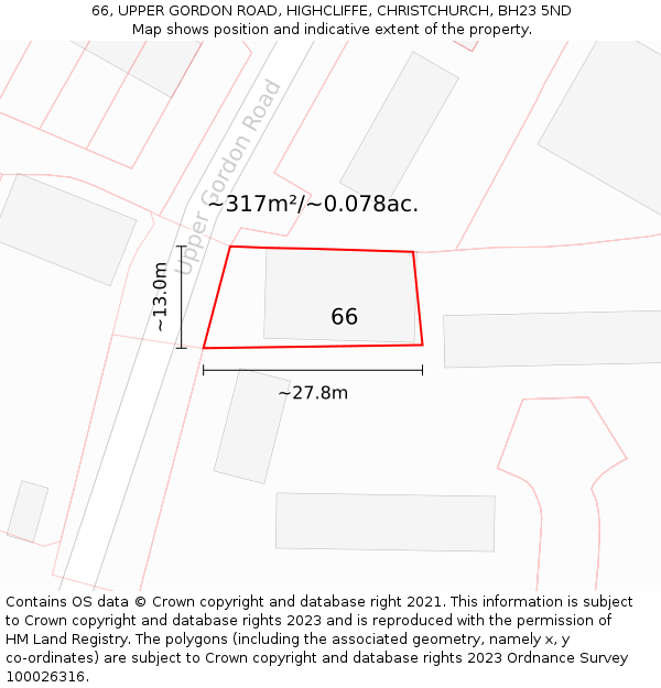 66, UPPER GORDON ROAD, HIGHCLIFFE, CHRISTCHURCH, BH23 5ND: Plot and title map