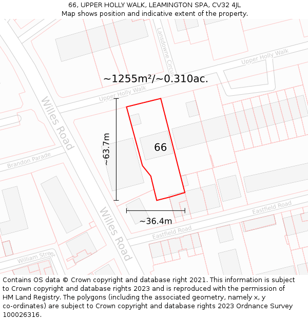 66, UPPER HOLLY WALK, LEAMINGTON SPA, CV32 4JL: Plot and title map