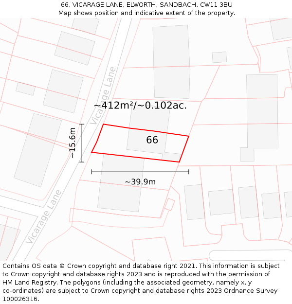 66, VICARAGE LANE, ELWORTH, SANDBACH, CW11 3BU: Plot and title map