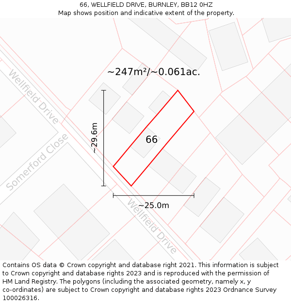 66, WELLFIELD DRIVE, BURNLEY, BB12 0HZ: Plot and title map