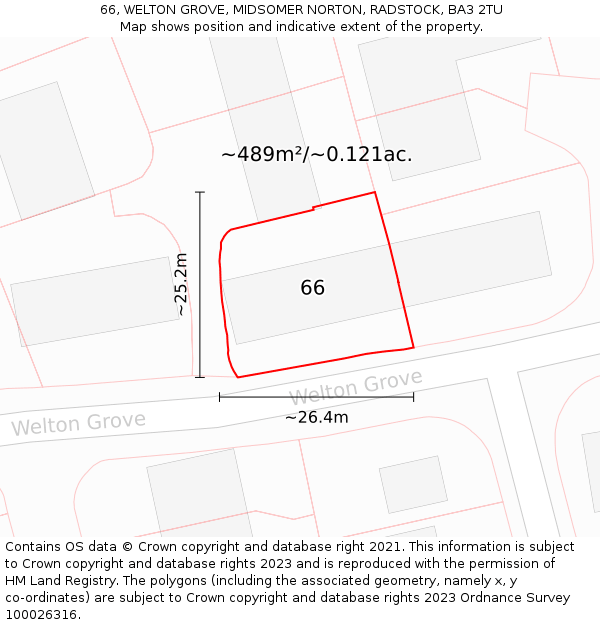 66, WELTON GROVE, MIDSOMER NORTON, RADSTOCK, BA3 2TU: Plot and title map