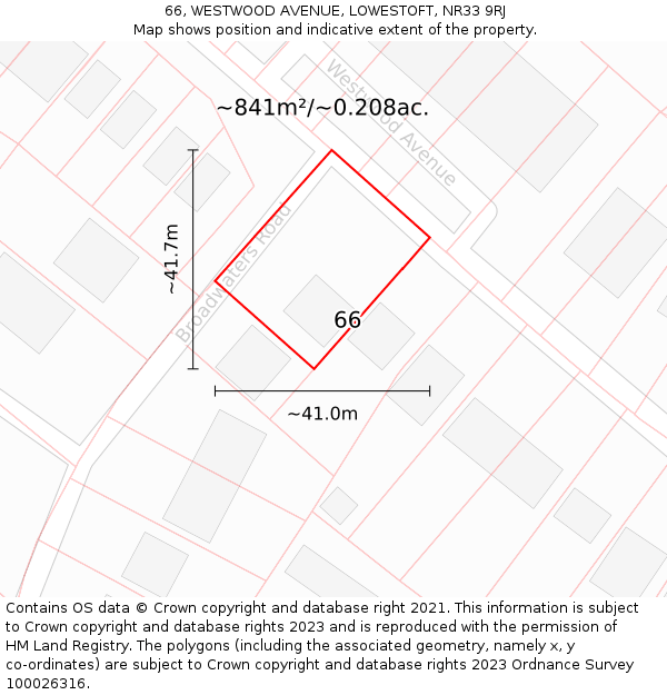 66, WESTWOOD AVENUE, LOWESTOFT, NR33 9RJ: Plot and title map
