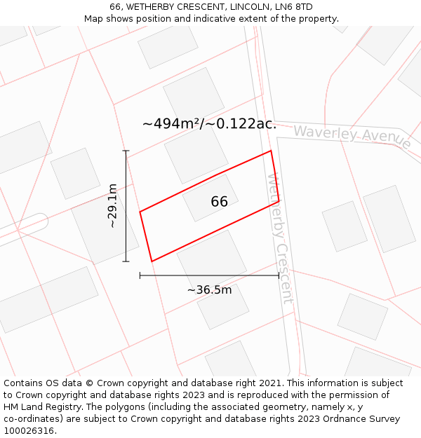 66, WETHERBY CRESCENT, LINCOLN, LN6 8TD: Plot and title map