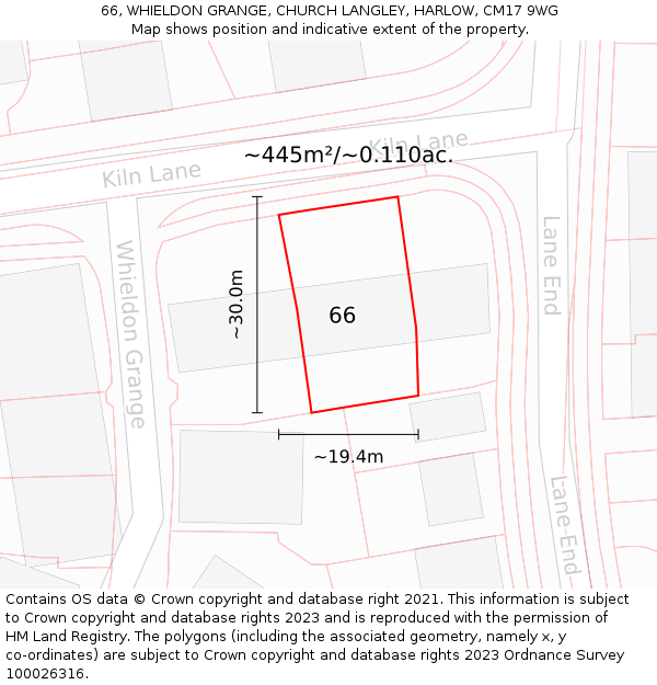 66, WHIELDON GRANGE, CHURCH LANGLEY, HARLOW, CM17 9WG: Plot and title map