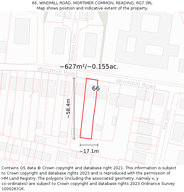 66, WINDMILL ROAD, MORTIMER COMMON, READING, RG7 3RL: Plot and title map