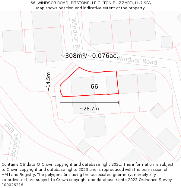 66, WINDSOR ROAD, PITSTONE, LEIGHTON BUZZARD, LU7 9FA: Plot and title map