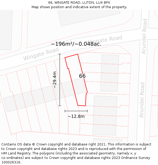 66, WINGATE ROAD, LUTON, LU4 8PX: Plot and title map