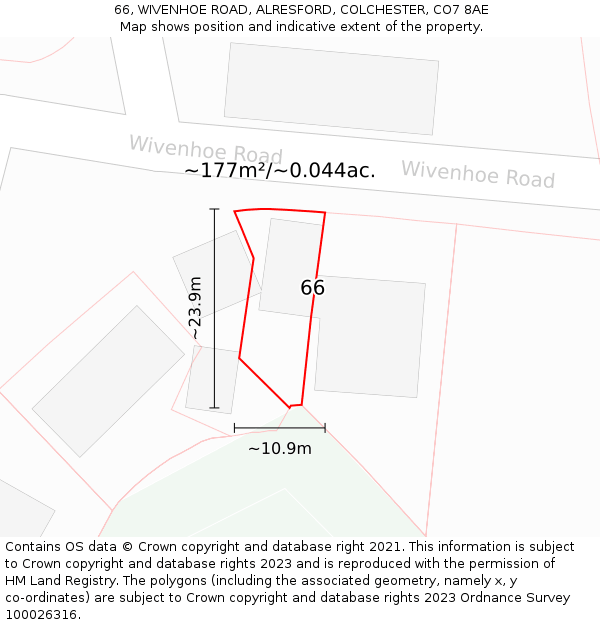 66, WIVENHOE ROAD, ALRESFORD, COLCHESTER, CO7 8AE: Plot and title map