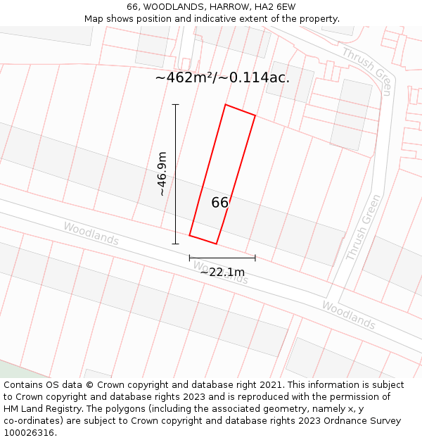 66, WOODLANDS, HARROW, HA2 6EW: Plot and title map