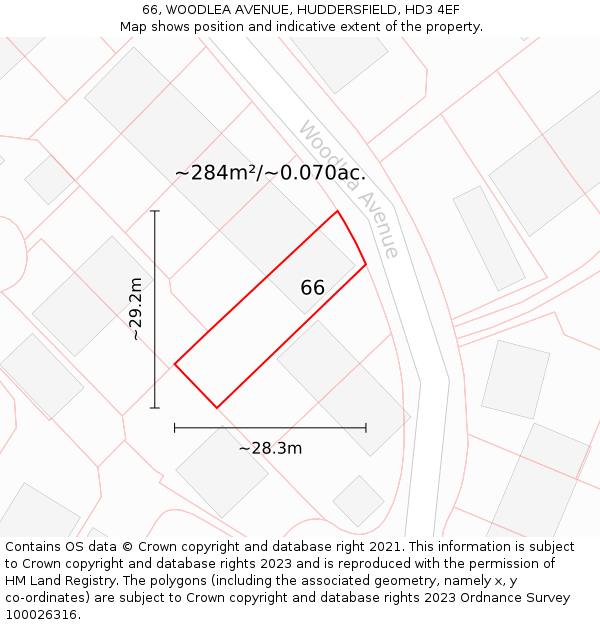 66, WOODLEA AVENUE, HUDDERSFIELD, HD3 4EF: Plot and title map