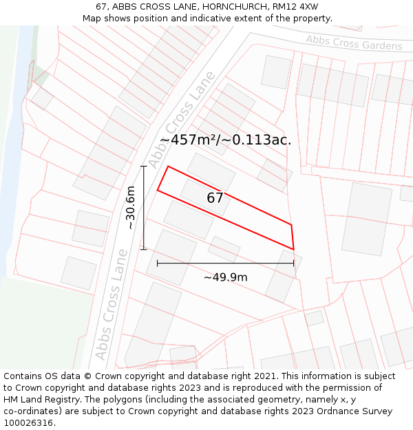 67, ABBS CROSS LANE, HORNCHURCH, RM12 4XW: Plot and title map