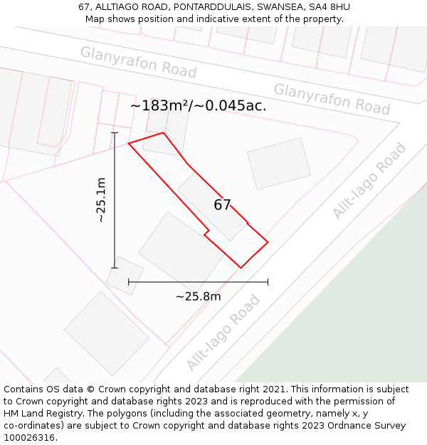 67, ALLTIAGO ROAD, PONTARDDULAIS, SWANSEA, SA4 8HU: Plot and title map