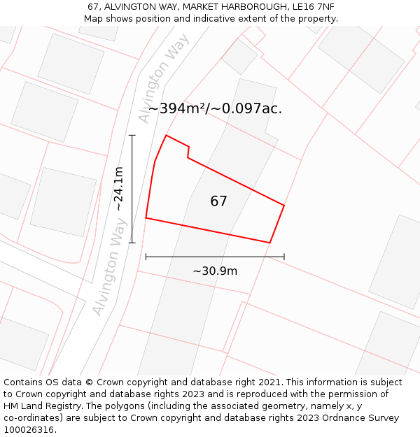 67, ALVINGTON WAY, MARKET HARBOROUGH, LE16 7NF: Plot and title map