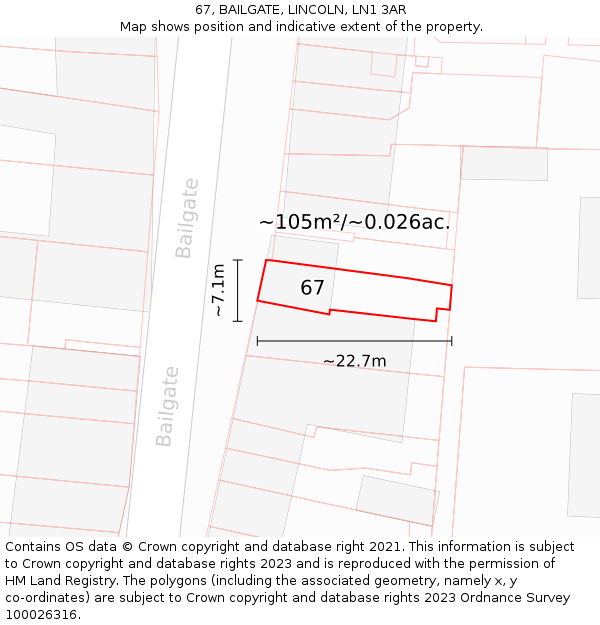 67, BAILGATE, LINCOLN, LN1 3AR: Plot and title map